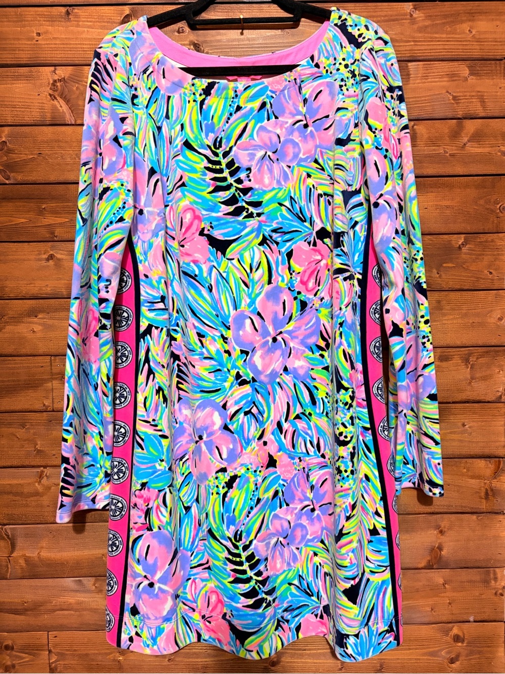 Lilly Pulitzer Beline velour velvet long-sleeve shift dress Bermudaful print XL - Picture 1 of 4